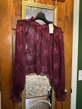 Sheer Burgundy Floral Ruffle-Neck Blouse